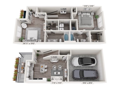Floor plan for 2 beds, 2.5 baths, 1352 sqft
